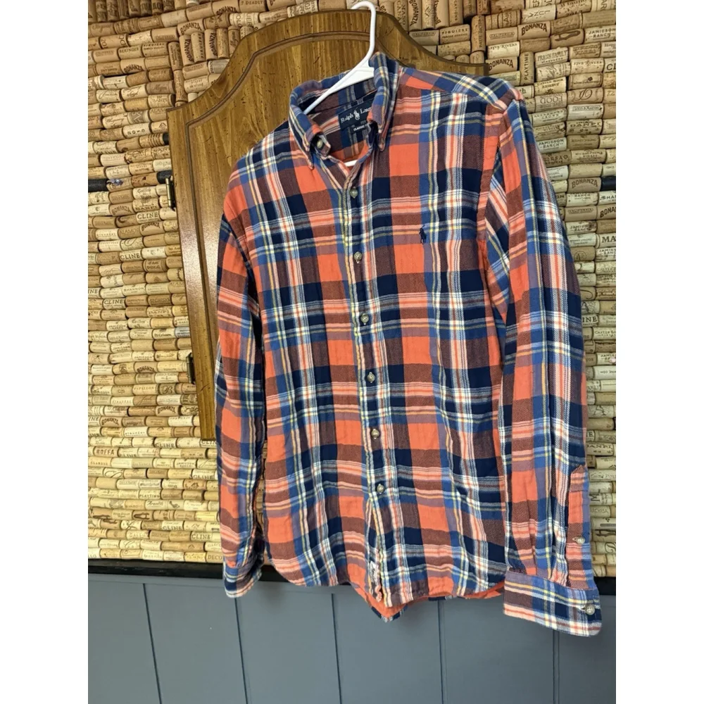 Ralph Lauren Polo Shirt Mens Orange Blue Plaid Flannel Mountain Equipment Logo S